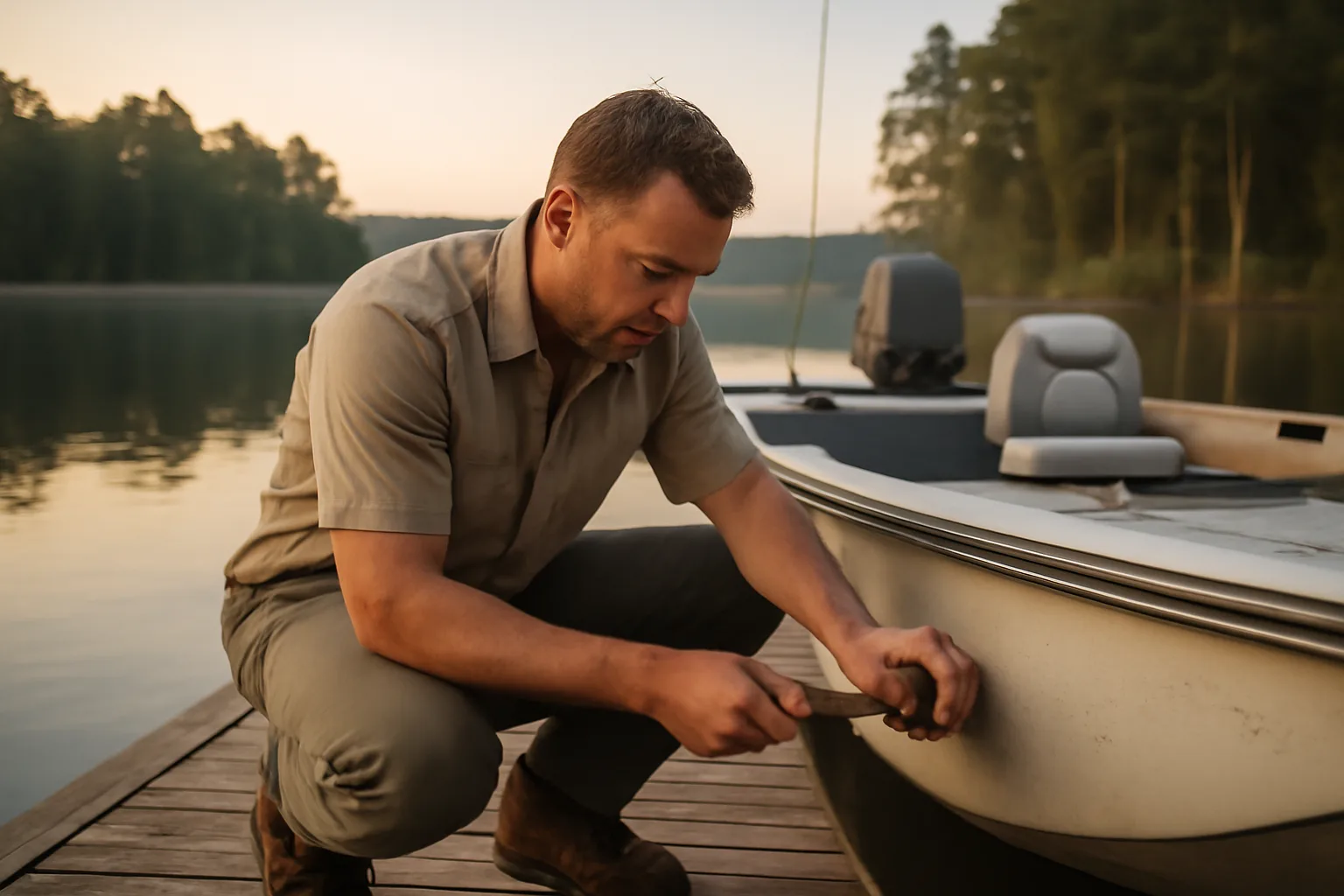 Marine surveyor checks a fishing boat on an Arkansas lake dock