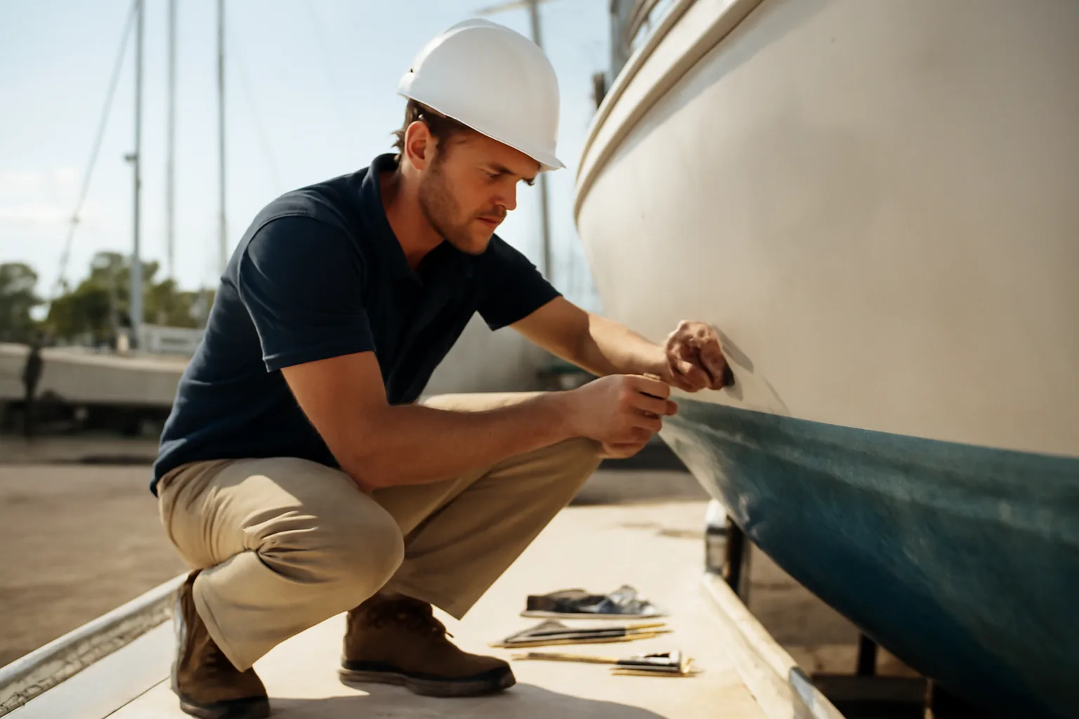 Marine surveyor inspecting a sailboat hull at an Alabama Gulf Coast boatyard