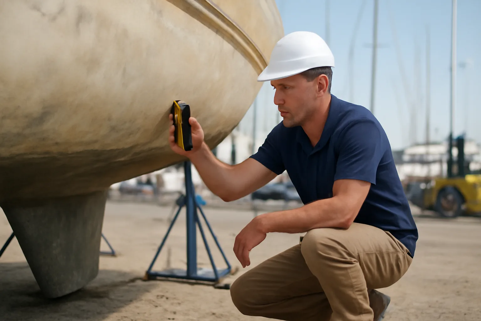 Marine surveyor inspects a sailboat hull in a California boatyard