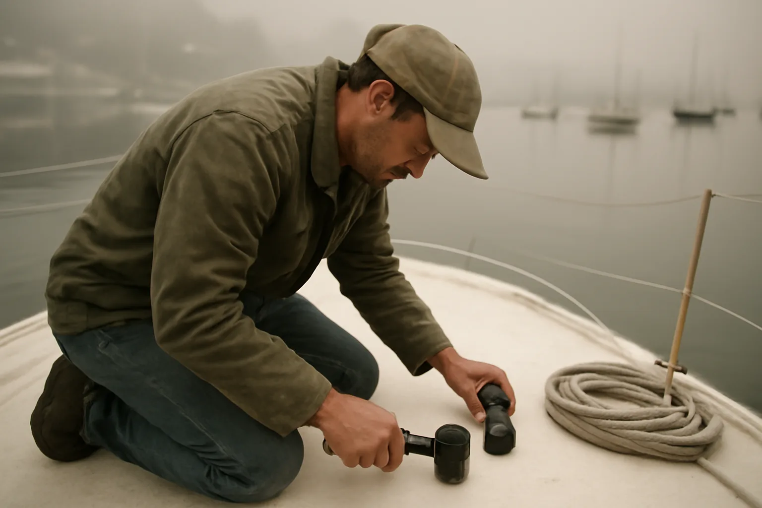 Surveyor checks a sailboat hull at a California marina