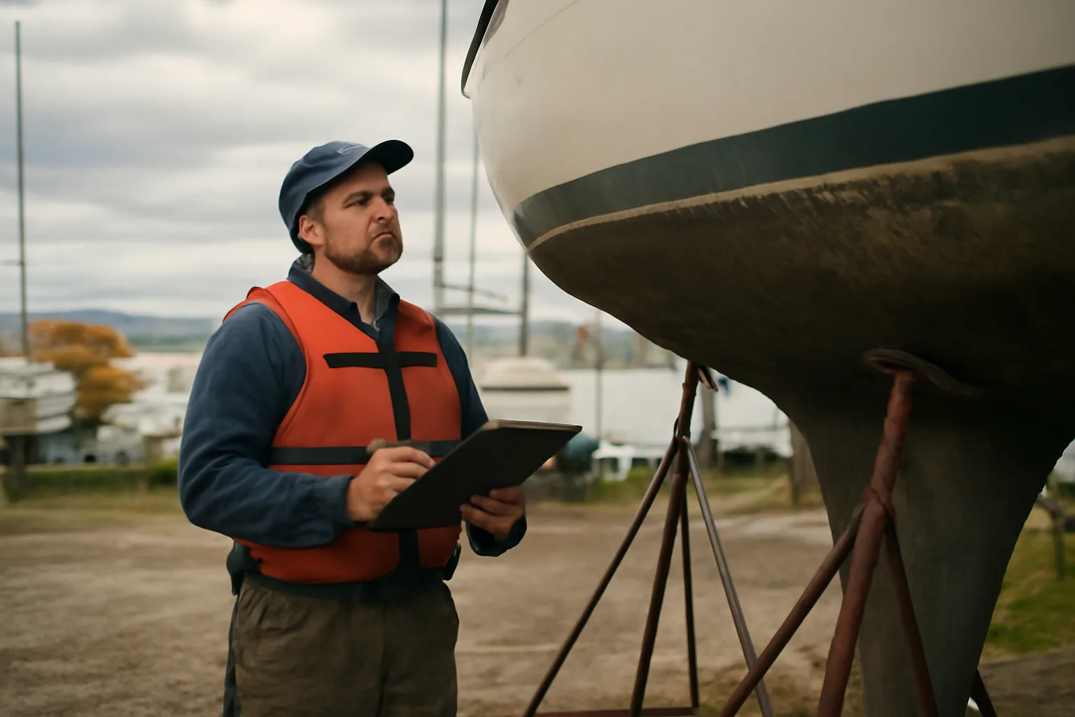 Marine surveyor inspecting a sailboat hull at a Vermont boatyard near Lake Champlain