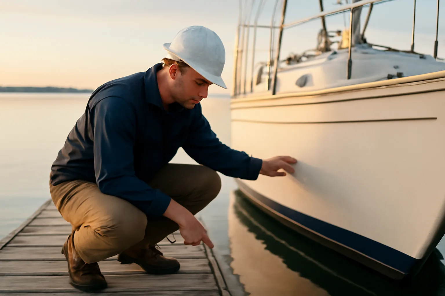 Marine surveyor inspecting a sailboat hull on a Mobile Bay dock at dawn