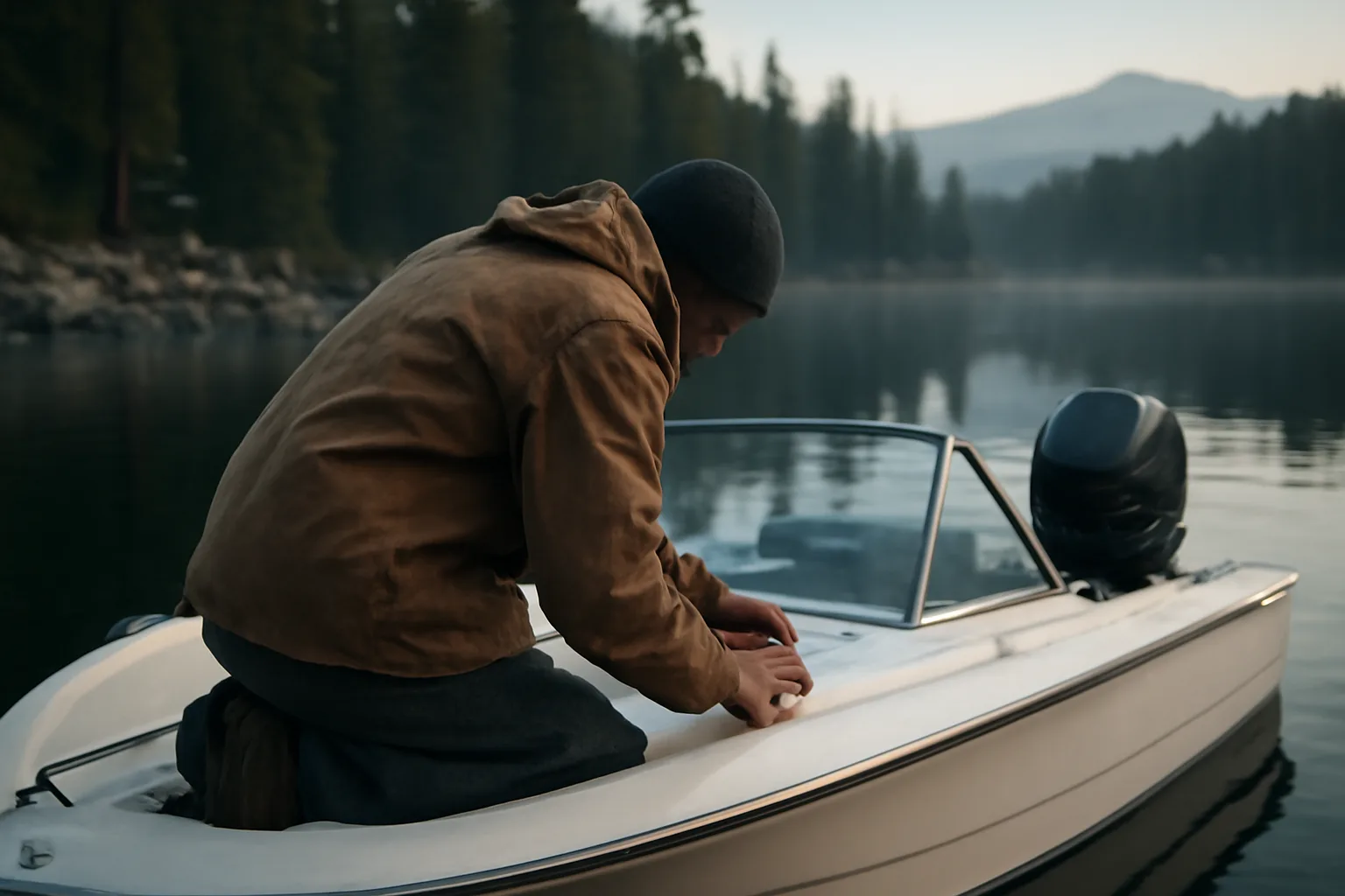 Surveyor inspects a runabout on a Colorado mountain reservoir