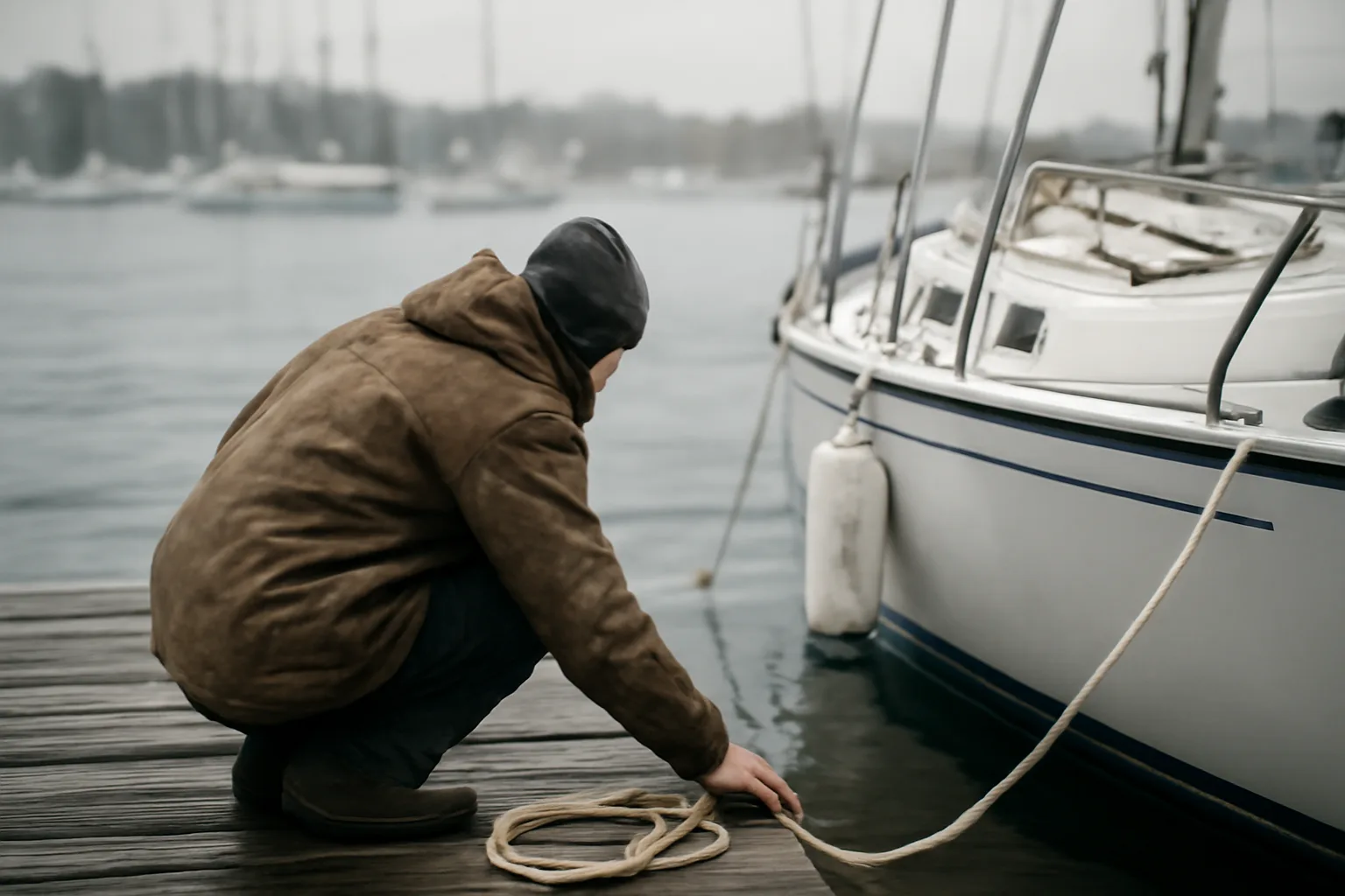 Marine surveyor checks a sailboat hull on a Connecticut dock