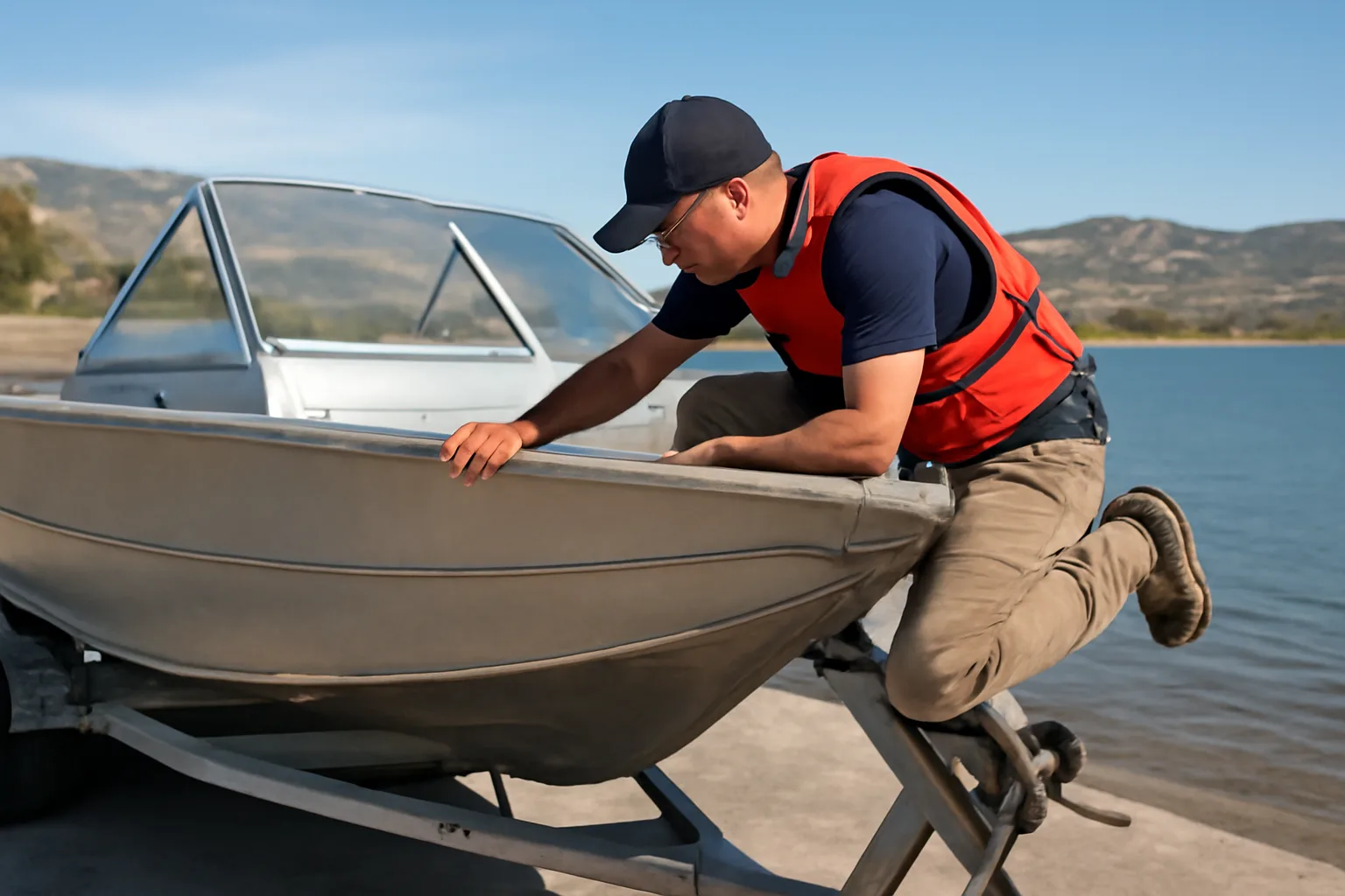 Marine surveyor inspecting aluminum powerboat hull at Utah freshwater lake ramp