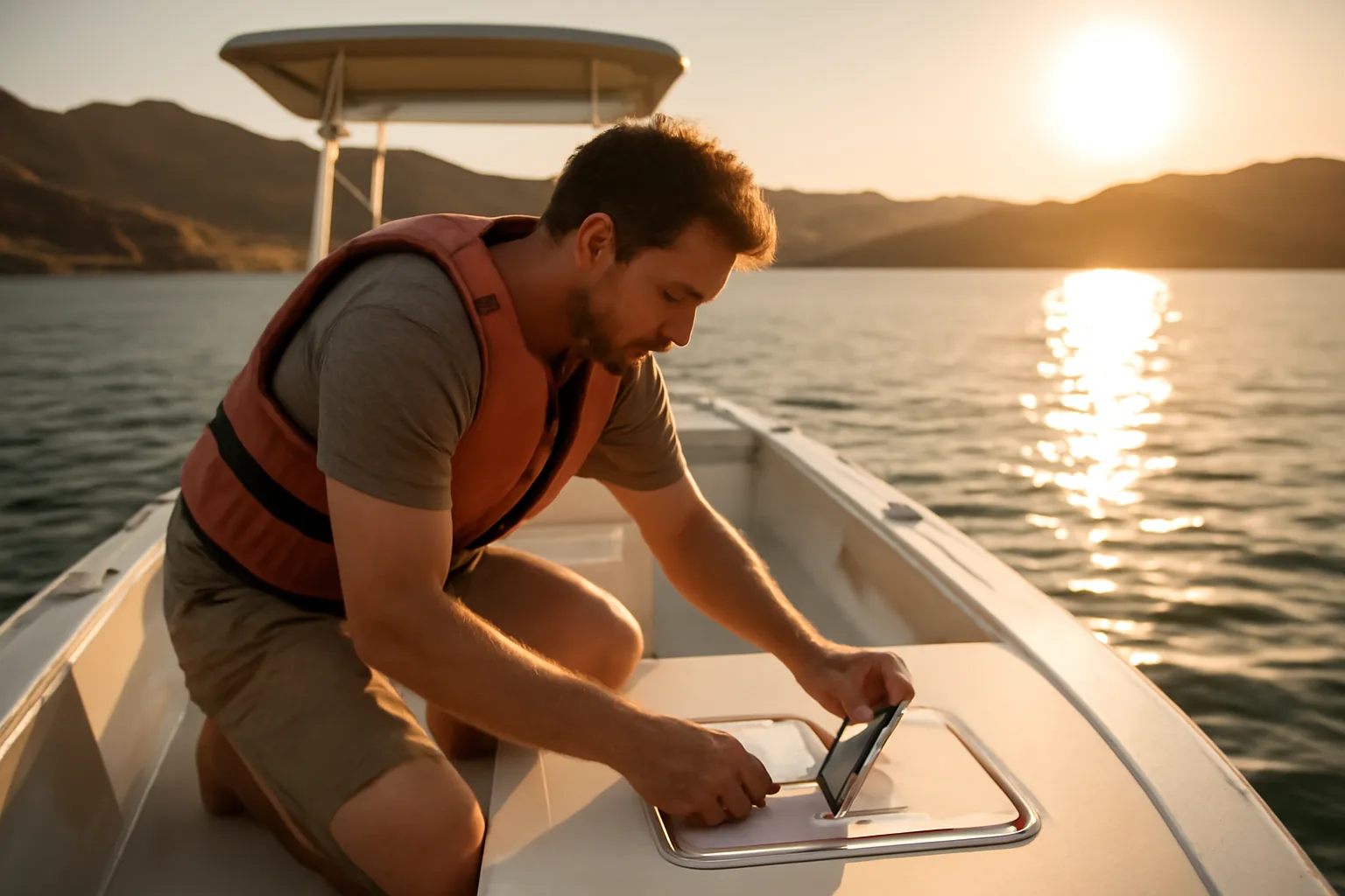 Marine surveyor checking a boat hatch on an Arizona lake