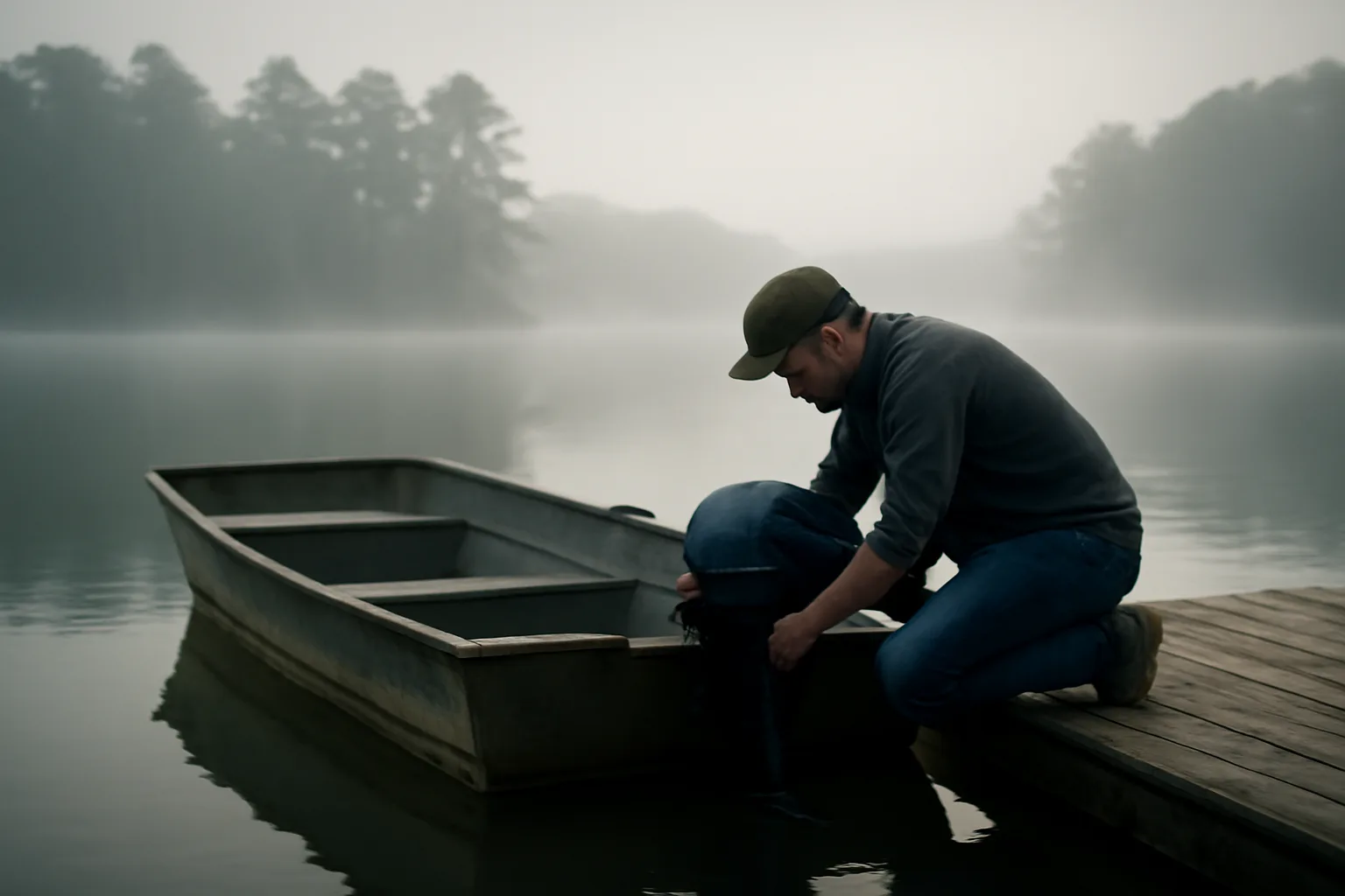 Marine surveyor checking a jon boat hull at an Arkansas lake