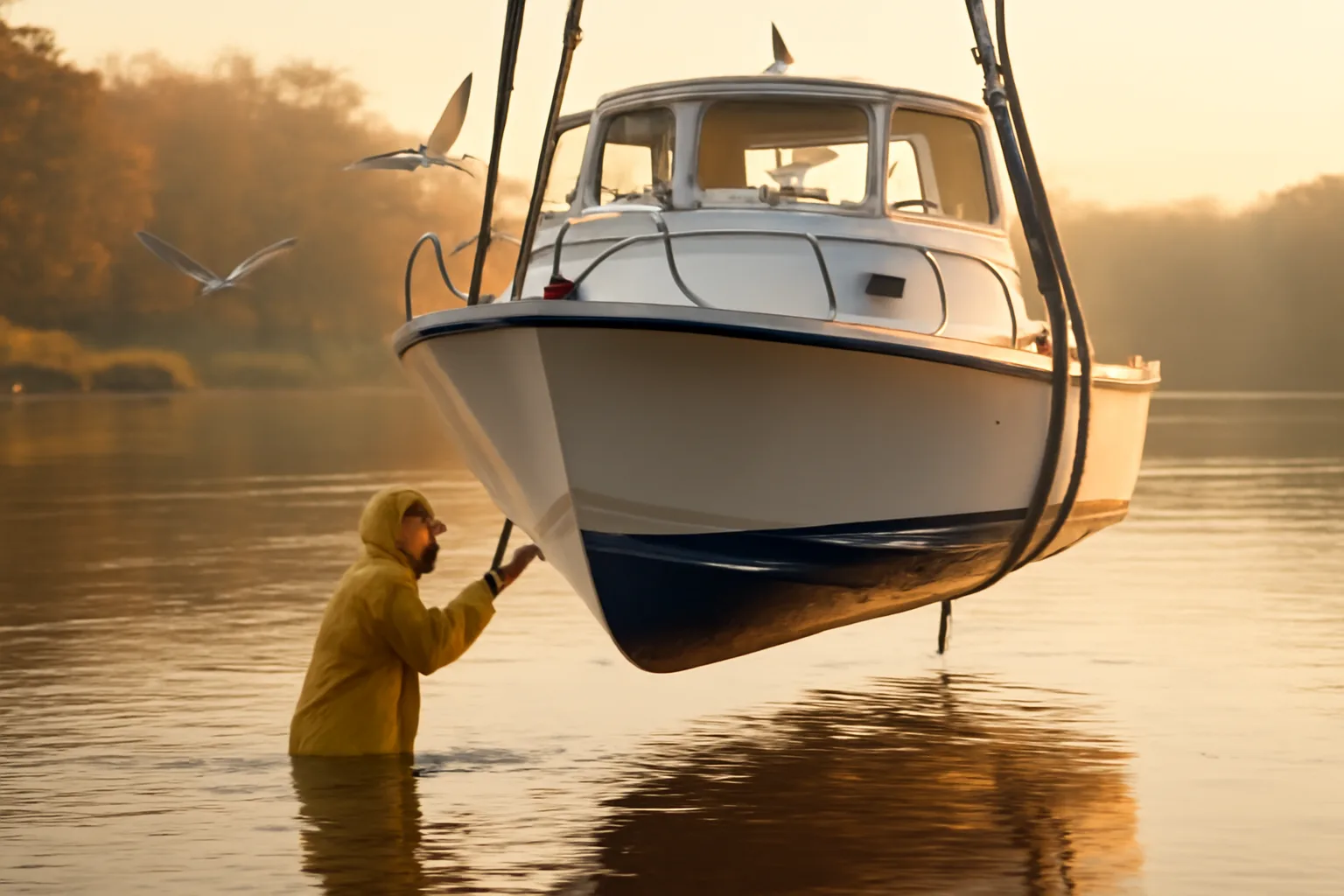 Marine surveyor checks a Connecticut cruiser in slings at sunrise