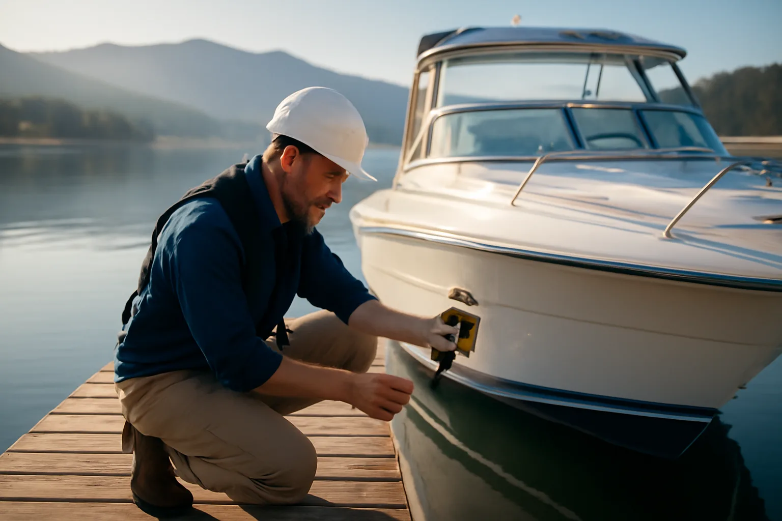Marine surveyor inspecting a powerboat hull at a Utah inland reservoir dock
