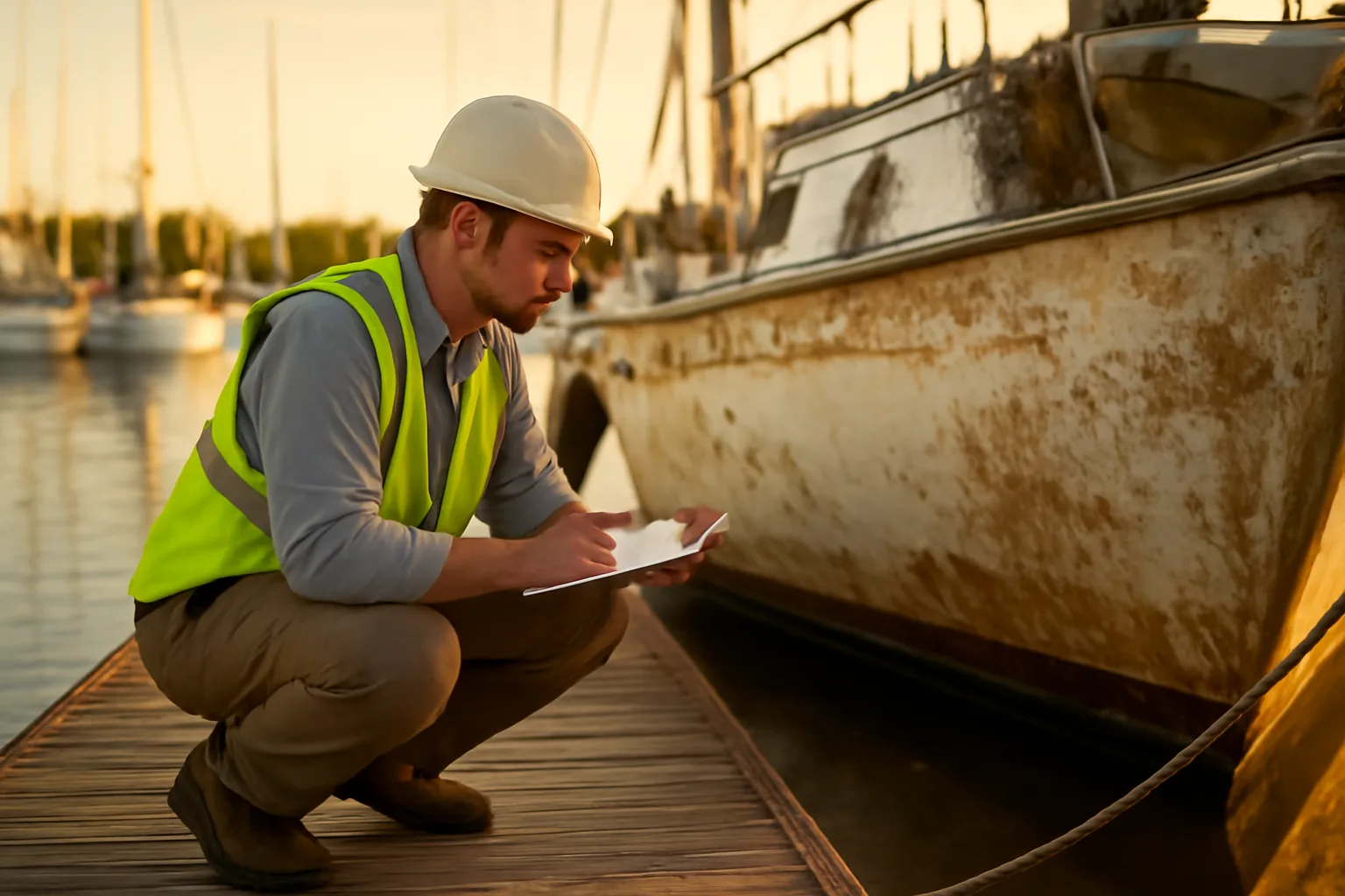 Marine surveyor inspecting sailboat hull at Alabama Gulf Coast marina dock