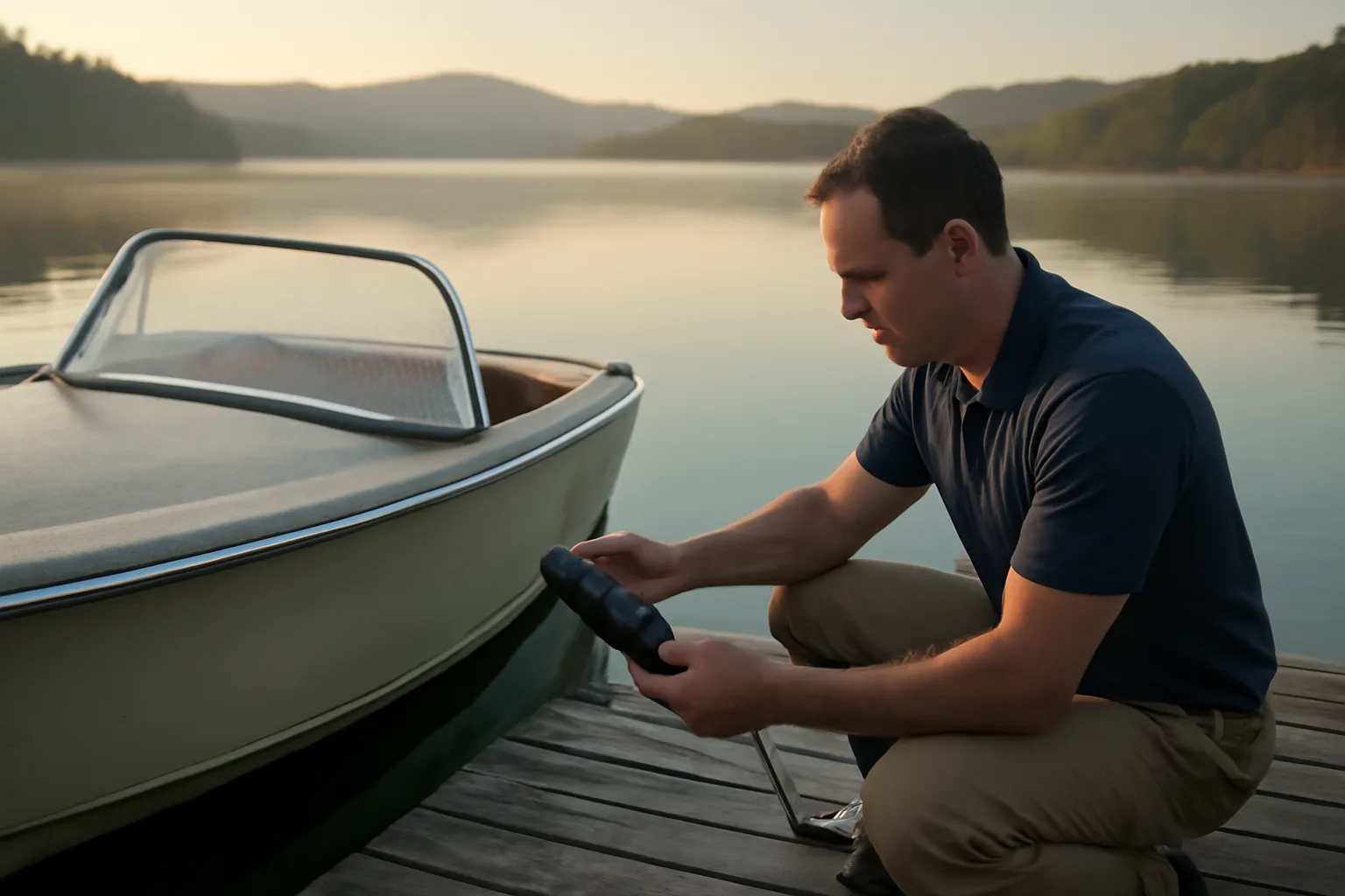 Surveyor checks a runabout hull at an Arkansas lake dock