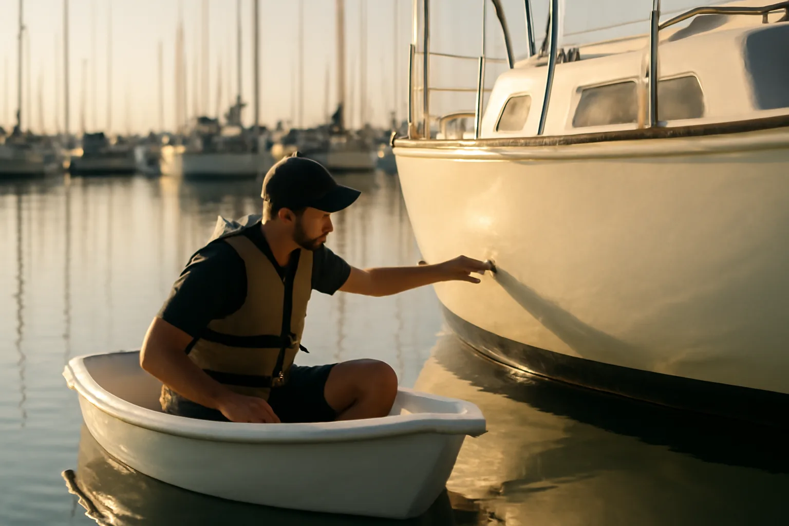 Marine surveyor inspects a sailboat hull at a California marina