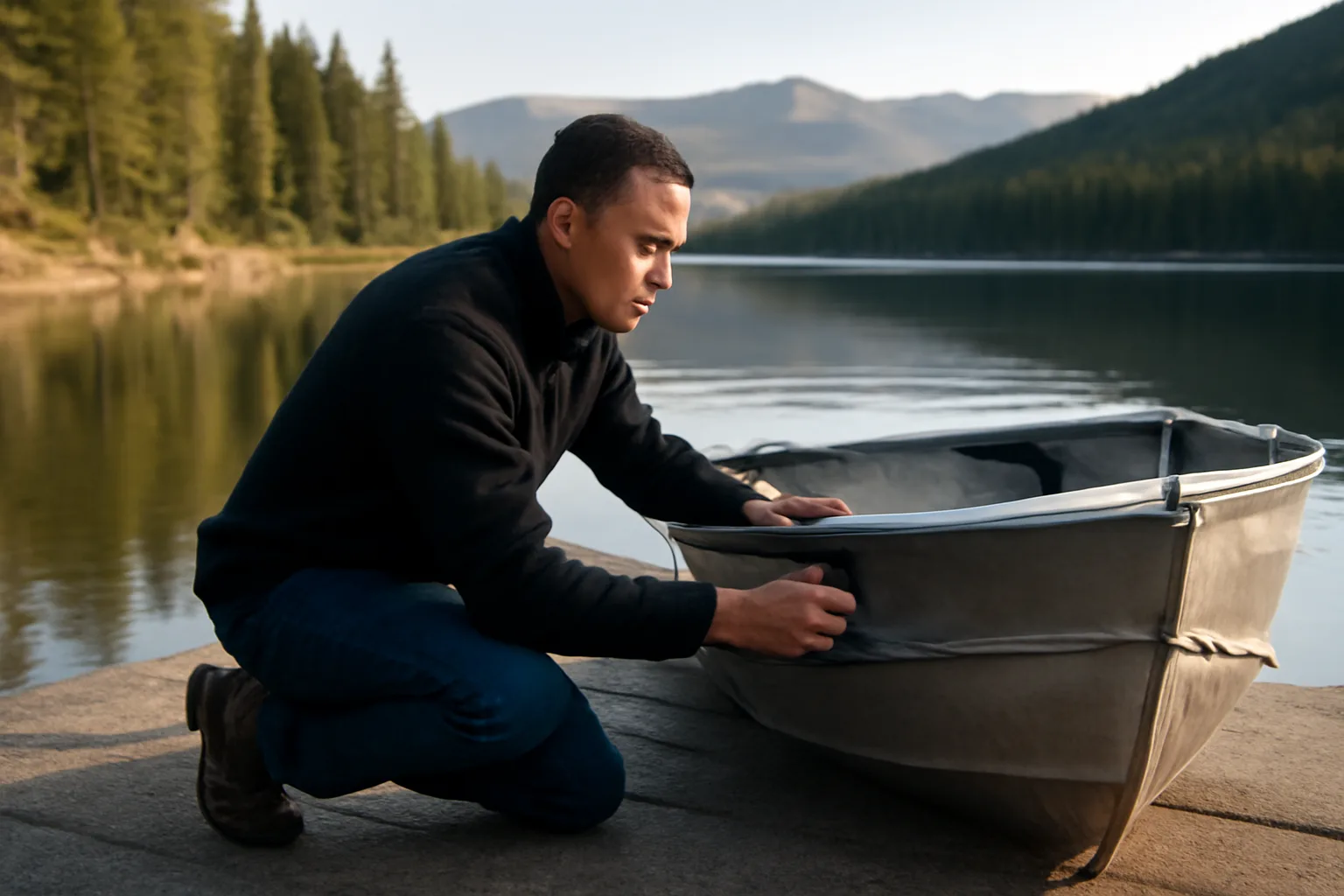 Marine surveyor checks a boat hull at a Colorado reservoir