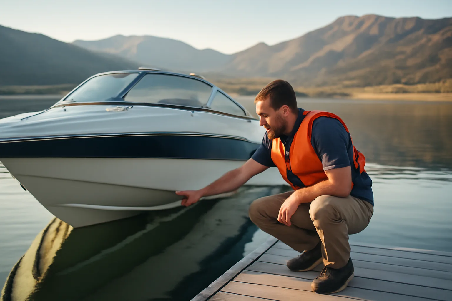 Marine surveyor examining a ski boat hull at a Utah reservoir marina