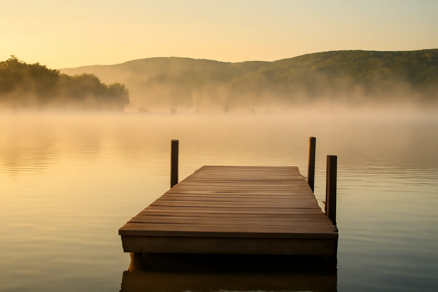 Foggy morning on Lake Champlain dock with sailboat masts in background