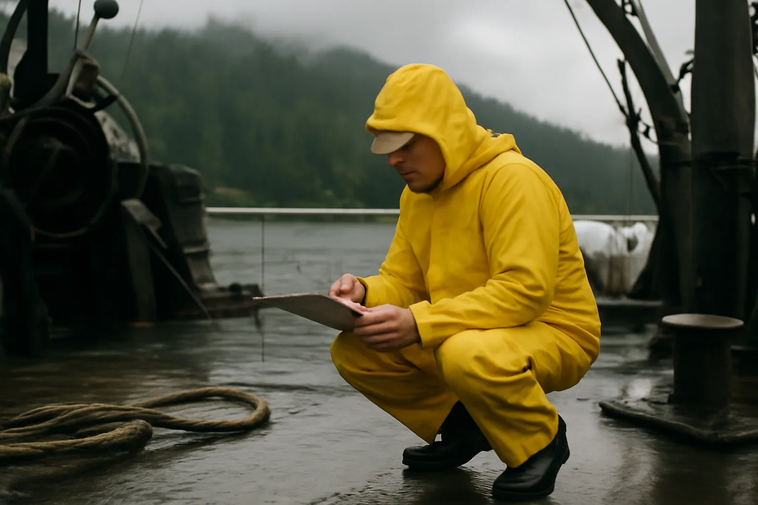 Marine surveyor inspecting a fishing vessel deck at an Alaska dock in morning light