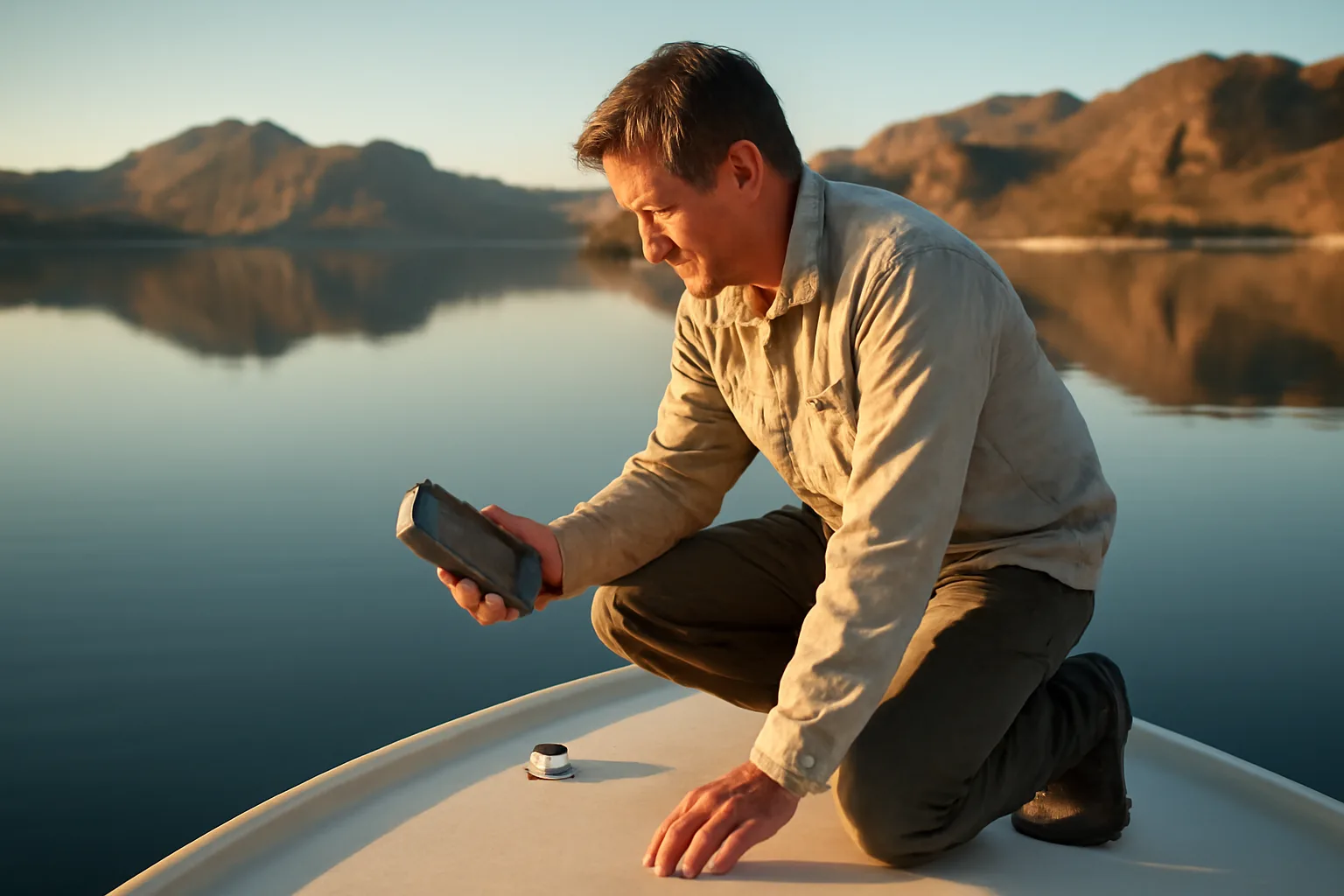 Surveyor checks a fiberglass hull at an Arizona desert lake