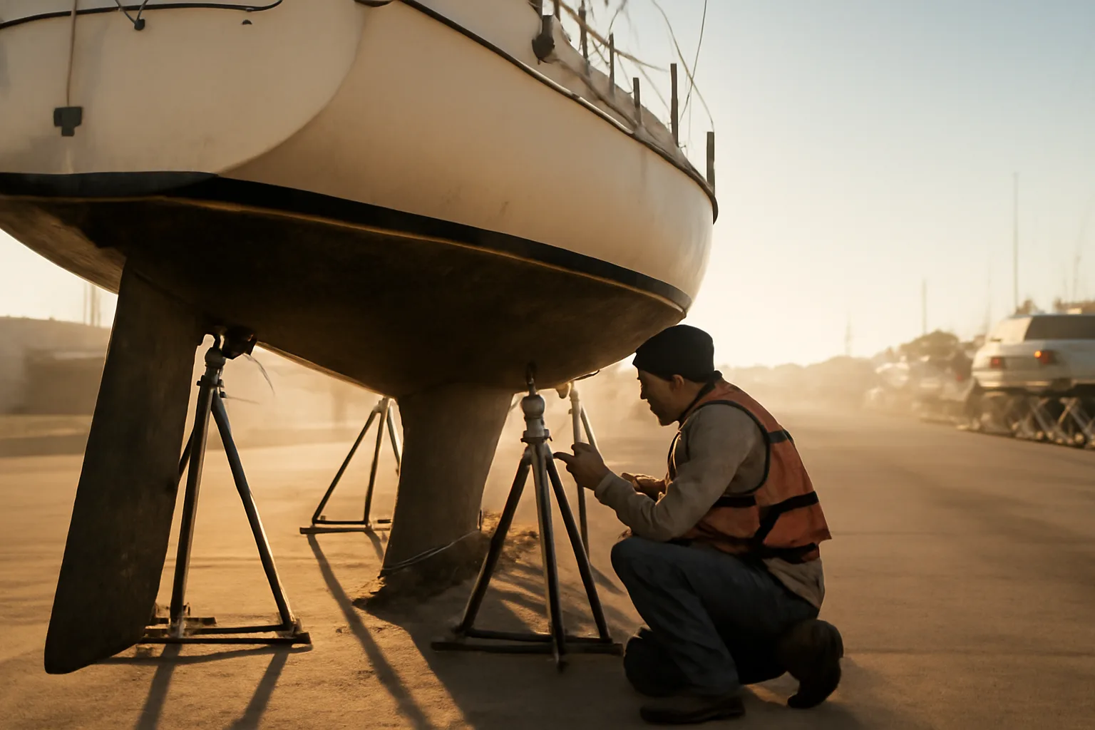Surveyor inspects a hauled sailboat hull in a California boatyard