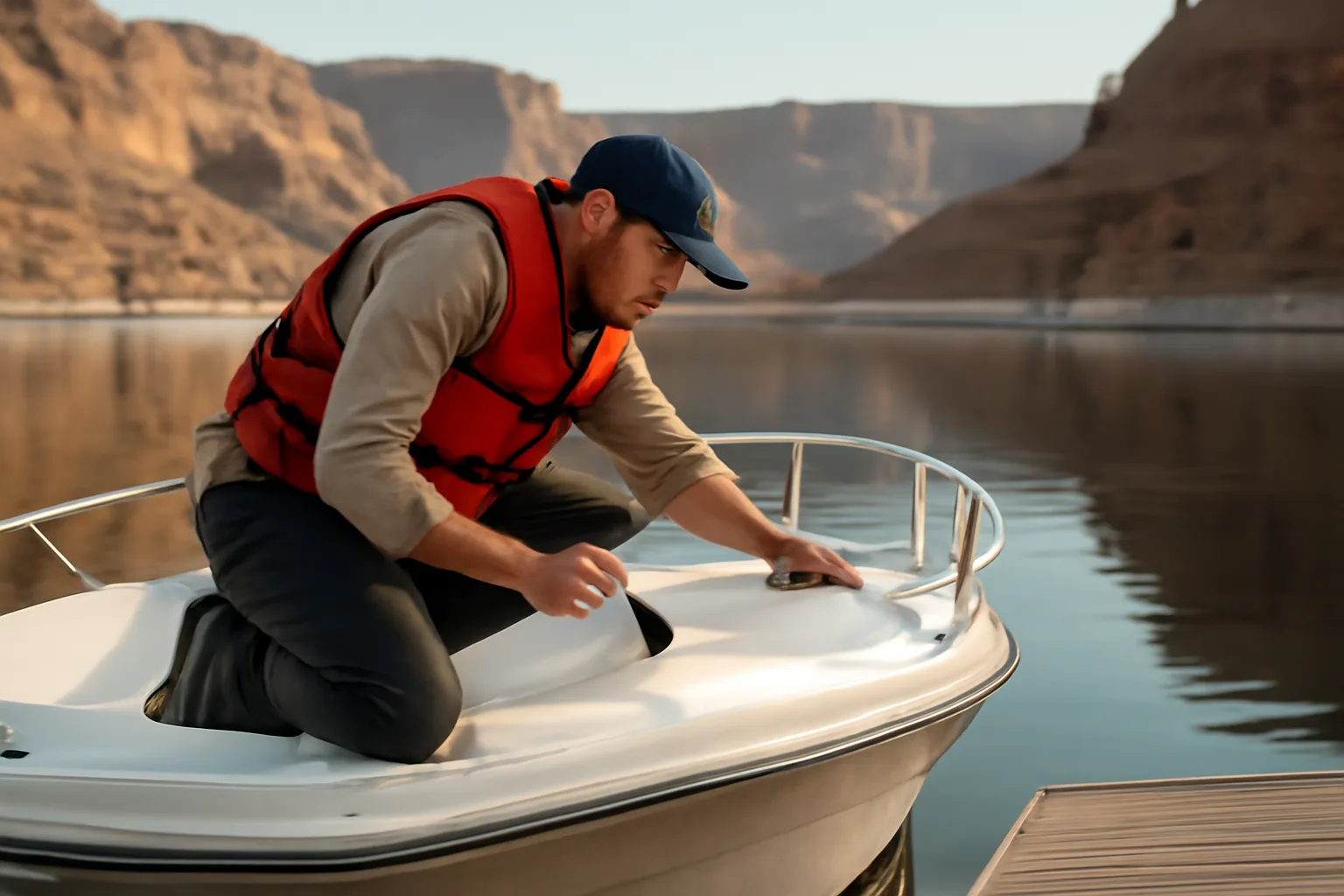 Marine surveyor inspecting a boat hull at a Utah reservoir dock in morning light